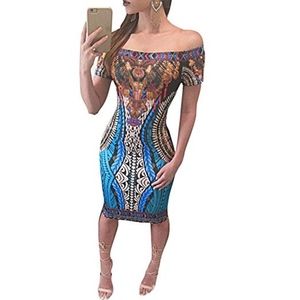 Sexy Dashiki Print Off Shoulder Bodycon Dress